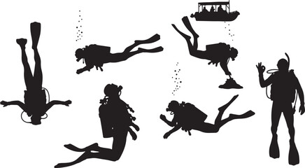 Six black silhouette scuba divers in various diving positions with bubbles and boat also transparent background © MeJaMa
