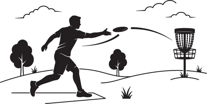 Silhouette of a man throwing a frisbee towards a disc golf basket in an outdoor park also transparent background