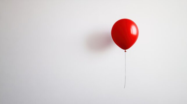 Solitary vibrant red balloon floats gracefully against a bright, clean white textured wall, offering ample copy space for design.