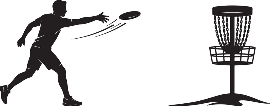 Silhouette of a man throwing a frisbee towards a metal disc golf basket also transparent background