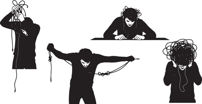 Silhouettes of people struggling with tangled ropes and wires in various poses also transparent background