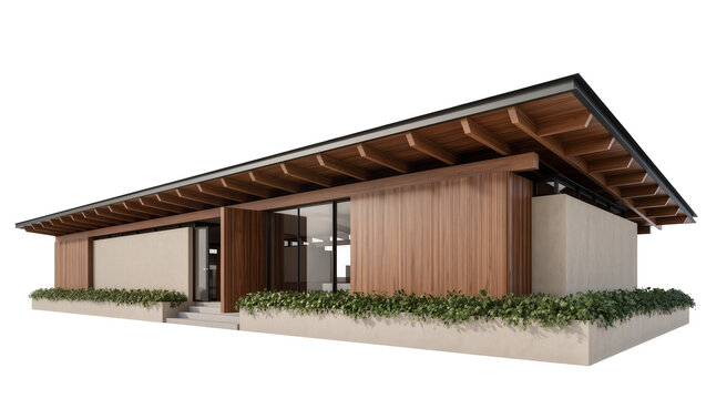 Modern wooden house with large glass windows and green plants, isolated on transparent background