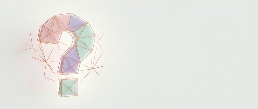Geometric question mark with polygonal faceted design in pastel colors on light background for creative problem solving and inquiry concepts.