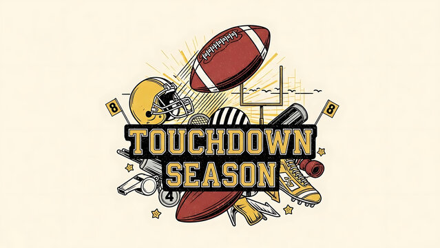 Football helmet with touchdown season text banner isolated on a transparent background