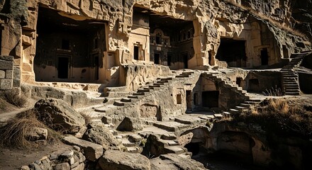 Fototapeta premium Ancient rock cut dwellings carved into a hillside with stairways and entrances