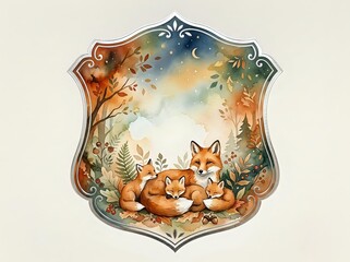 Obraz premium Watercolor fox family with cubs in decorative shield frame surrounded by autumn foliage and botanical elements on isolated white background.