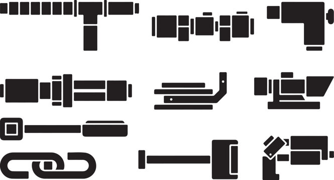 Engineering Components: a striking monochromatic illustration of diverse engineering components. These design elements are crafted with precision and symmetry.