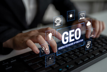 Naklejka premium Business Professional Engaged in Generative Engine Optimization with Digital Icons Representing Technology and Innovation in a Modern Workspace Fluxor.