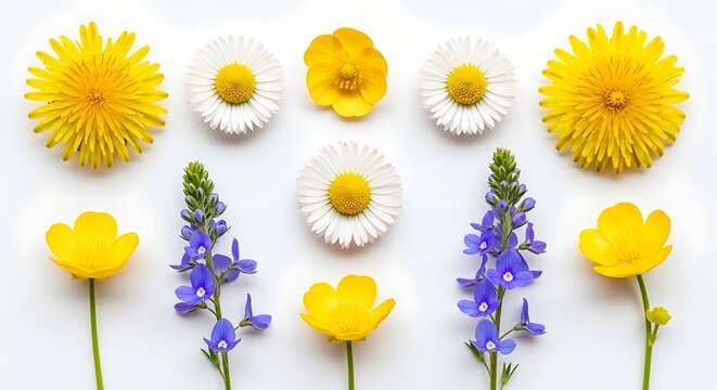 Arrangement of colorful flowers on a white background for design elements