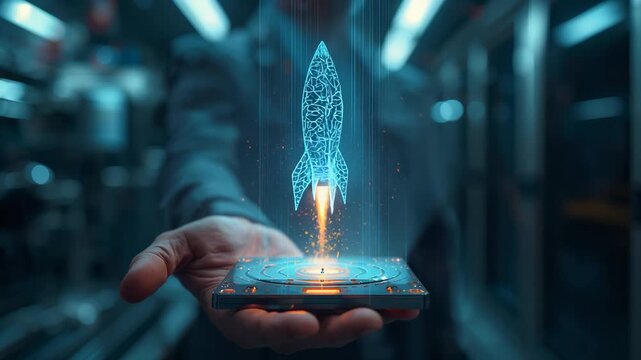 Holographic rocket launching from smartphone in hand inside data center with blue glow, startup innovation and mobile technology concept