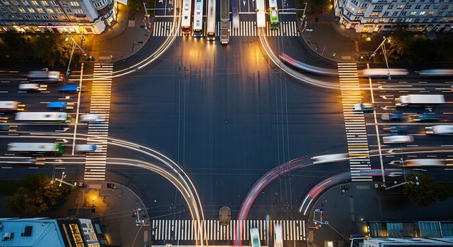Aerial view of a busy city intersection with vehicle light trails at dusk