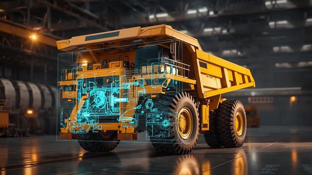 Autonomous mining dump truck inside industrial factory with glowing digital diagnostics overlay and heavy machinery automation technology