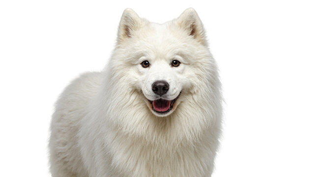 Fluffy White Samoyed Dog Smiling with Open Mouth