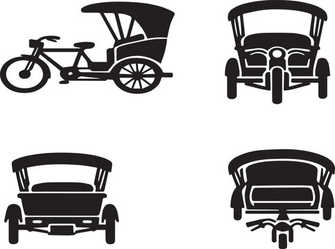Traditional Cycle Rickshaw Silhouette Vector Set: Multi-Angle Pedicab and Trishaw Icons for Travel and Cultural Design Projects - Side, Front, Back, and Top Views of Asian Public Transport