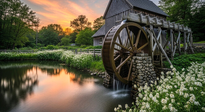 Rustic wooden water mill by a tranquil pond at sunset with lush greenery and white flowers