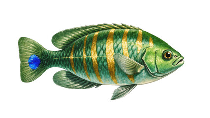 Green striped fish with golden lines and blue tail fin © Natalia