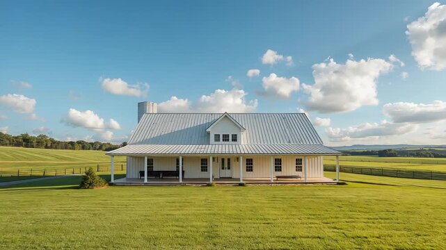 White farmhouse on wide green field under blue sky with clouds, rural countryside home exterior and peaceful residential landscape