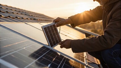 Fototapeta premium Technician inspecting and installing solar panels on a roof during sunset for sustainable energy generation.