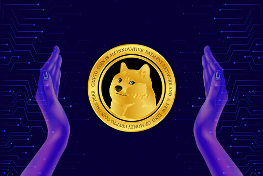 images of dogecoin-dog crypto currency on digital background. 3d illustrations.