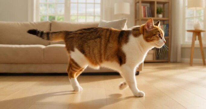 Brown and white domestic cat walking on wooden floor in bright living room with sunlight creating cozy atmosphere while resting on sofa, calm and peaceful pet feline sitting comfortably indoors