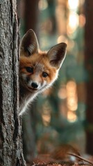 Fototapeta premium Baby Fox Peeking from Behind Tree Corner in Enchanted Forest Bokeh Background