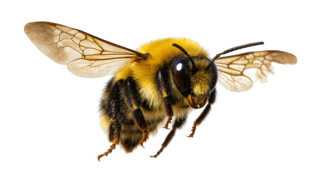 Fuzzy Yellow Black Striped Bumblebee Close-Up with Spread Wings