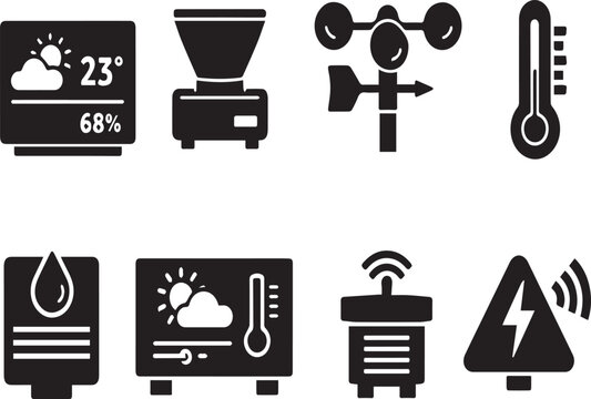 Weather Station Equipment Vector Icon Set Featuring Meteorological Sensors Like Anemometer, Thermometer, Rain Gauge, Digital Displays, and Lightning Alert Icons for Scientific Monitoring.