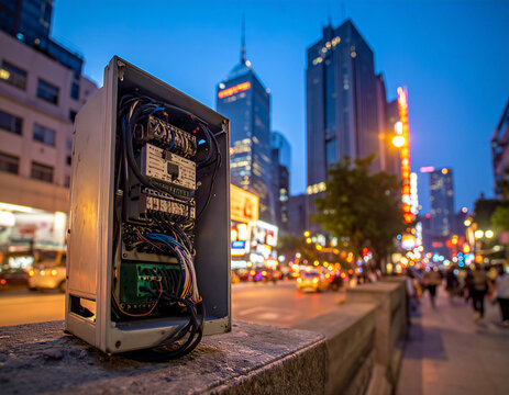 Depiction of urban communications with complex wiring and electronics installed in a panel. Intricate urban communications setup
