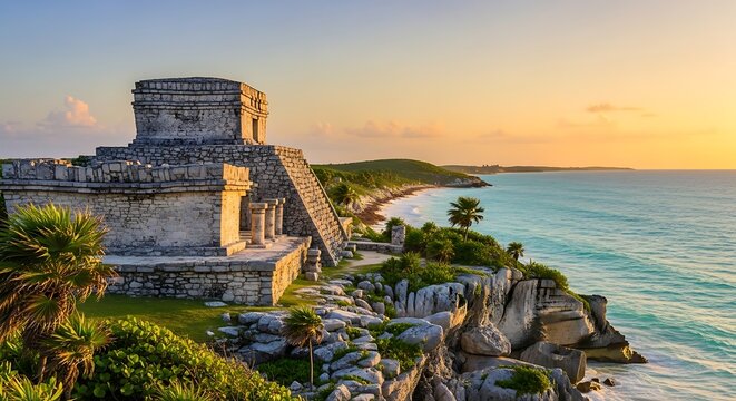 Ancient stone structure overlooking ocean coast at sunset with vibrant sky