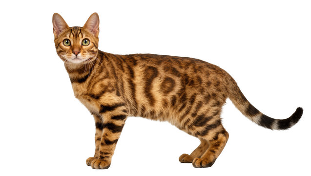 Brown tabby Bengal cat standing sideways with green eyes