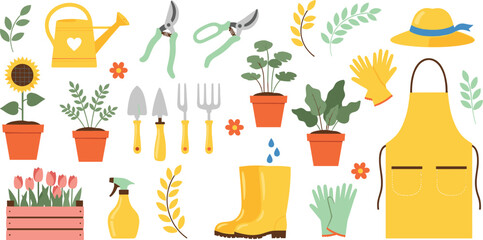 Large collection of gardening tool vector illustrations featuring watering can apron rubber boots shovels plants and flowers for spring garden hobby and agriculture design projects. © Aminul