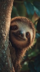 Fototapeta premium Baby Sloth Peeking Around Tree Corner in Lush Rainforest Setting Under Soft Natural Light