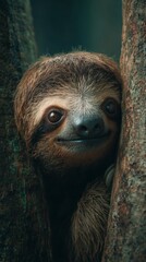 Fototapeta premium Cute Baby Sloth Peeking Around Tree Corner in Lush Rainforest Environment