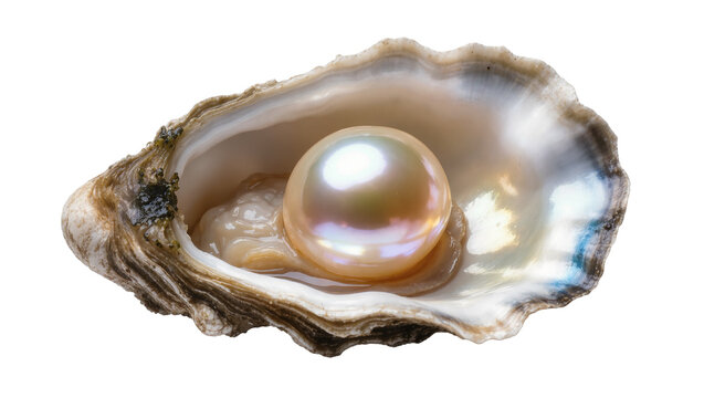 Open Oyster Shell Containing Large Round Iridescent Pearl