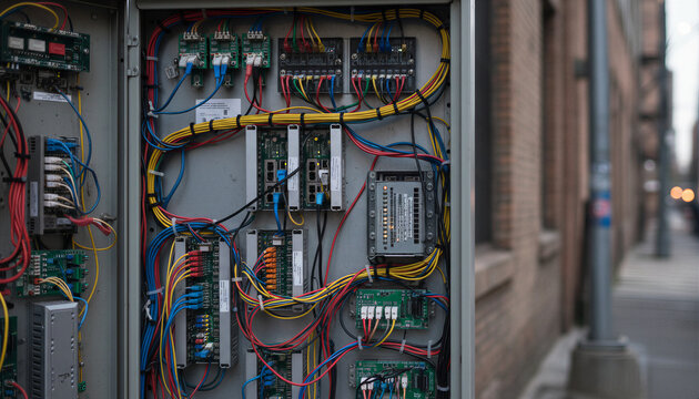 Depiction of urban communications with complex wiring and electronics installed in a panel. Intricate urban communications setup
