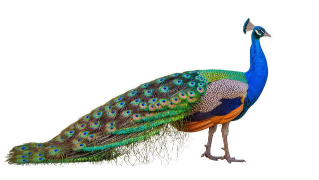 Vibrant male Peacock displaying iridescent plumage and long train feathers