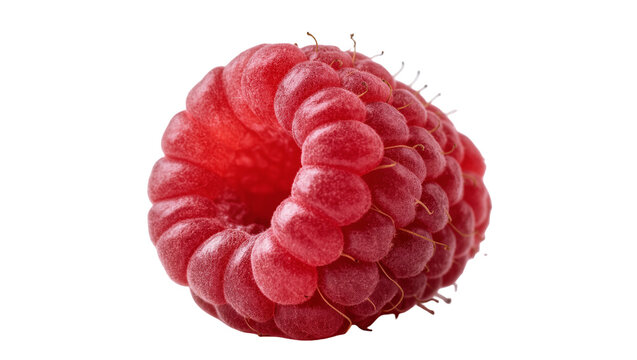 Ripe juicy red raspberry with tiny green stem and calyx