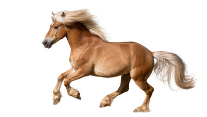Brown horse with flowing blonde mane and tail, galloping isolated on transparent background © Laura