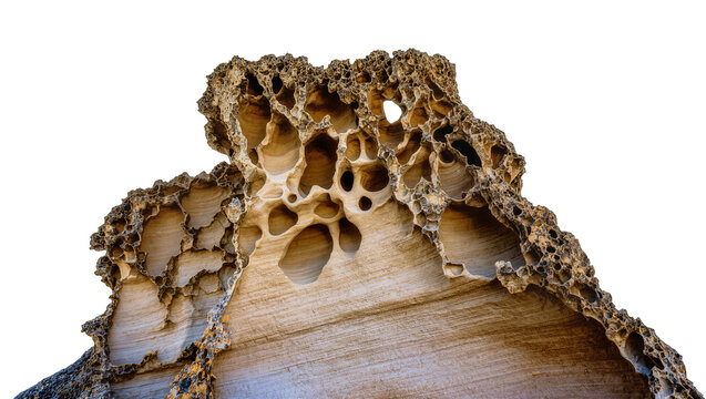 Tafoni rock formation with honeycomb texture, isolated on transparent background