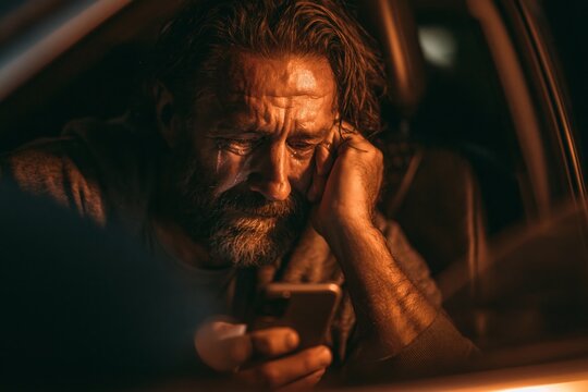 Middle-aged man openly crying while watching something emotional on his phone, sitting in a parked car, private vulnerable moment, authentic male emotion