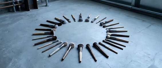 Fototapeta premium Professional makeup brushes arranged in a circle on a concrete floor, showcasing a complete collection of cosmetic tools for beauty and artistry.