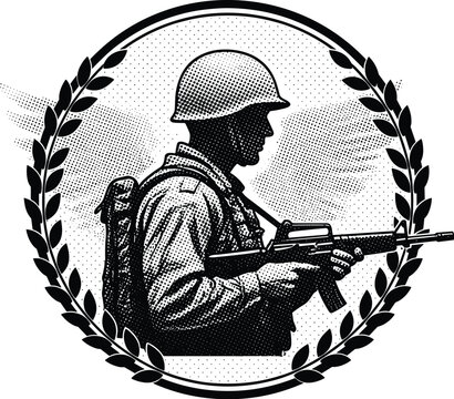Soldier Military Emblem Engraving Style Vector Illustration Set with Armed Trooper Silhouette and Laurel Wreath for Defense Army Badge Design