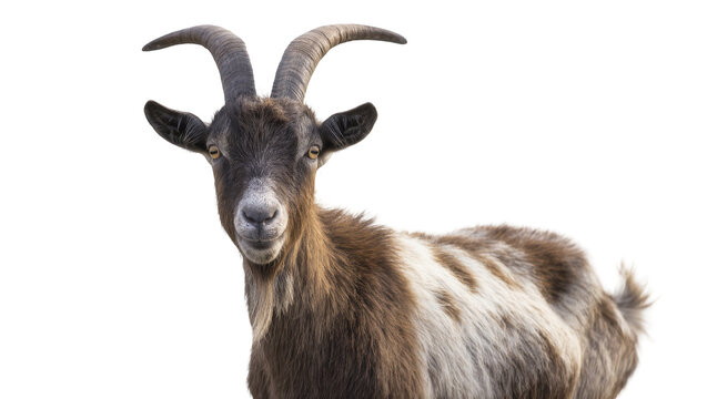 Brown and White Goat with Curved Horns Looking Forward