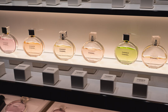 A row of Chanel perfumes on a store shelf on December 24, 2023, in Bangkok, Thailand.
