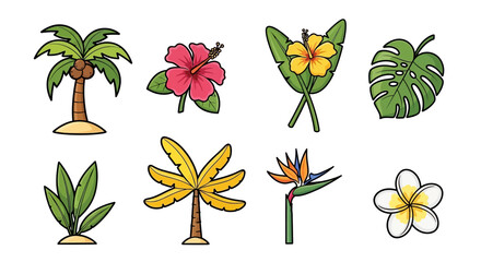 Tropical flowers and leaves illustration set. © Micahel
