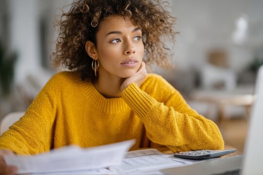 Thoughtful woman in yellow sweater calculating finances at desk