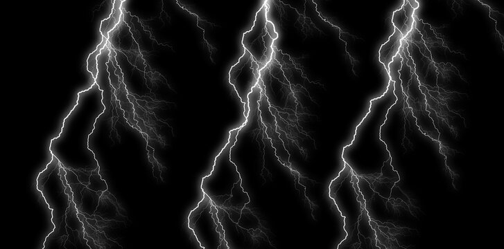 Lightning bolts on black background, electricity storm effect