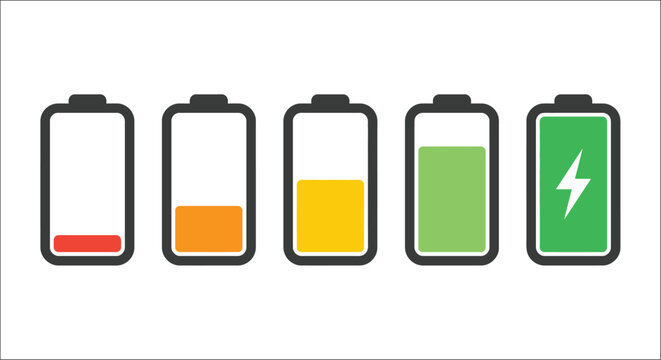 Battery level icons with charging indicator from empty to full