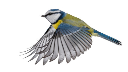 Blue tit bird with spread wings in flight, isolated on transparent background © Laura