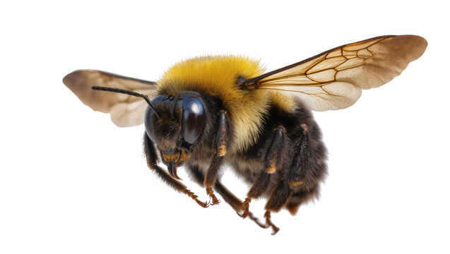 Fuzzy bumblebee with translucent wings in flight, isolated on transparent background